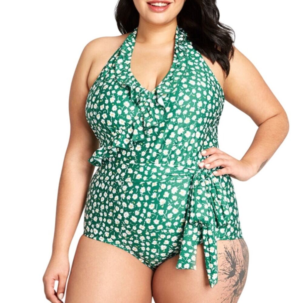Modcloth Green White Flower Ruffle One Piece Swimsuit Plus Size 1X